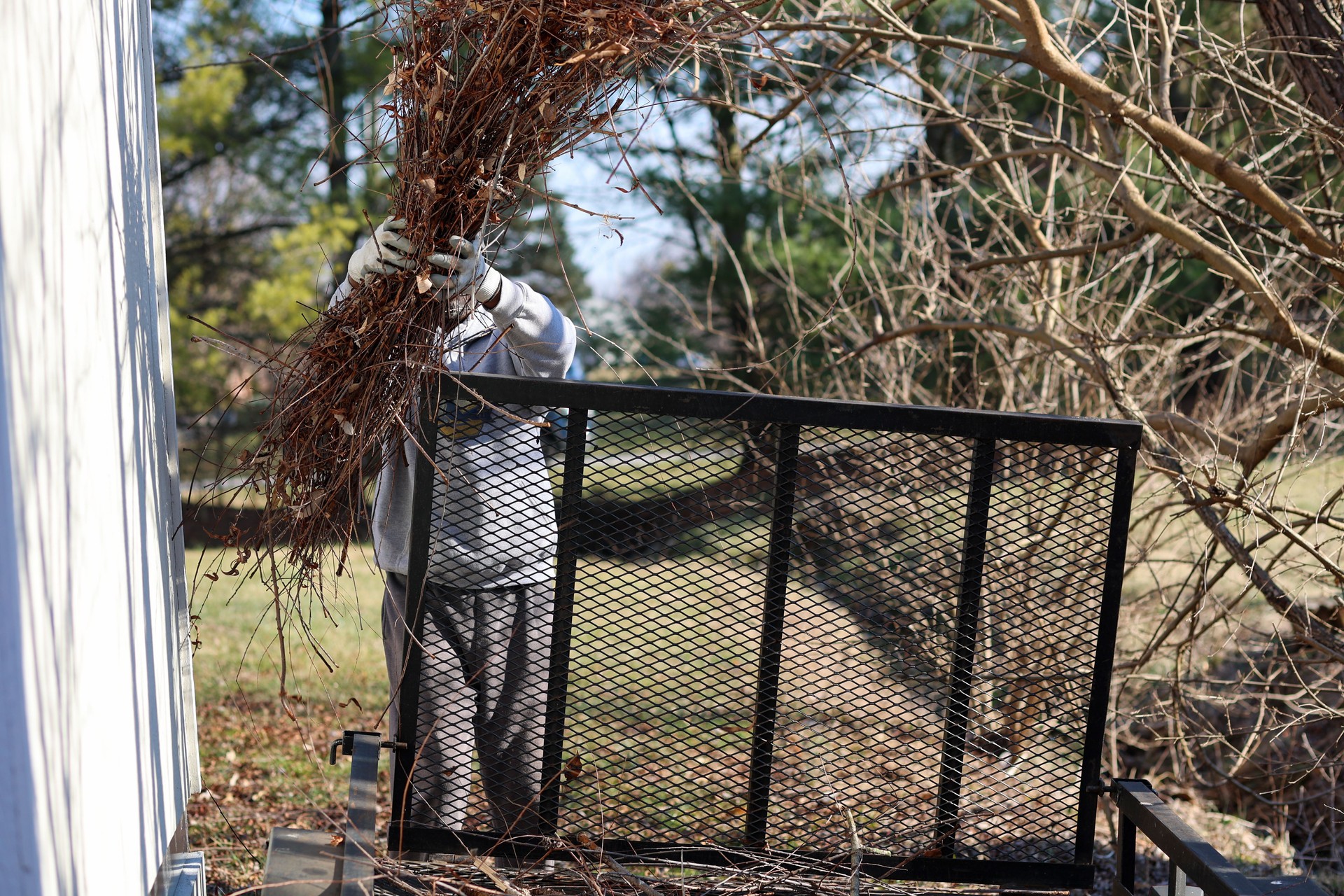 A black man throwing away old  tree branches from a lawn