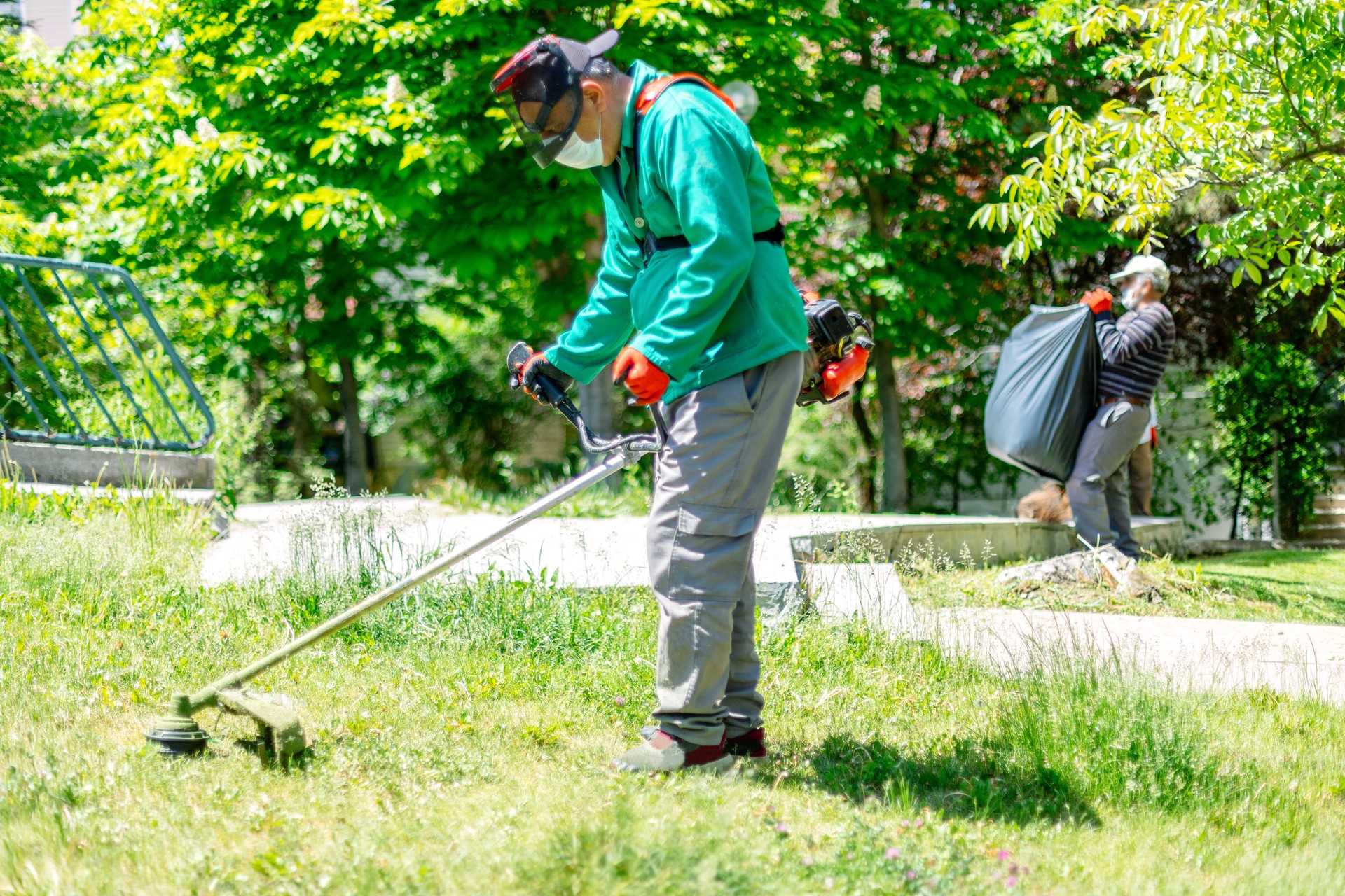 Workers cutting grass with brush cutter in the garden