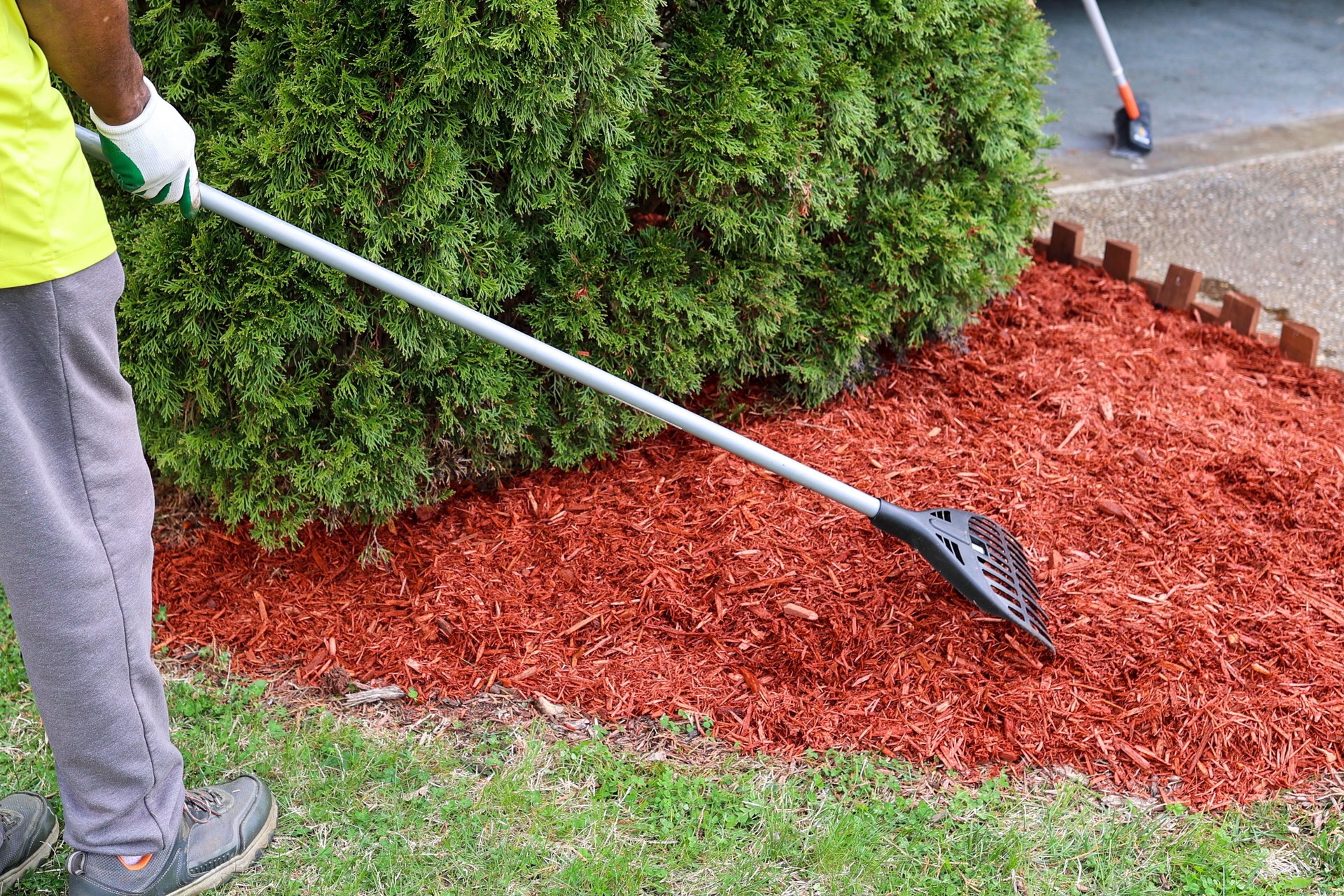 A black man putting down fresh mulch in a lawn